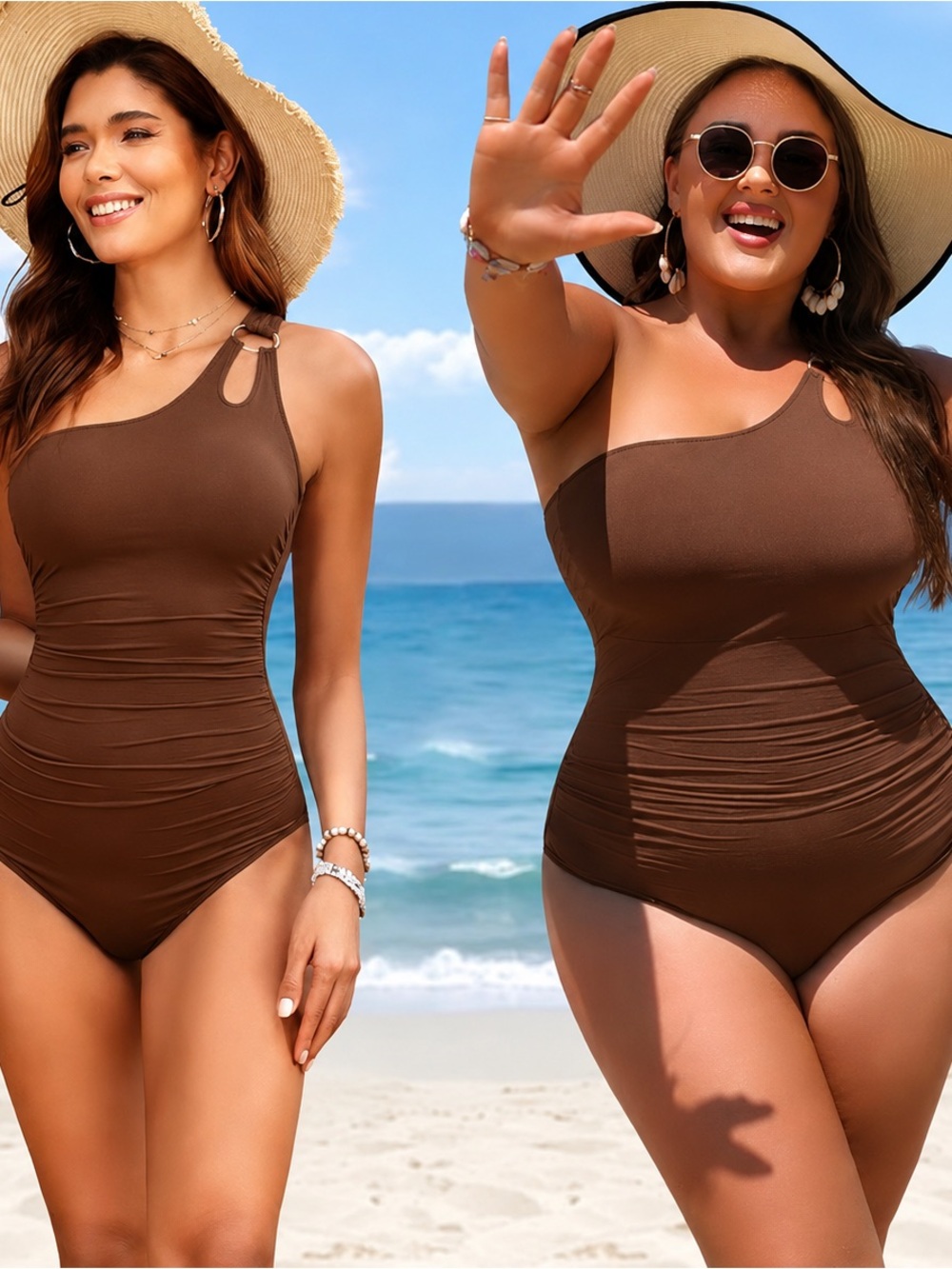 Lands’ End One Shoulder Tummy Control Swimsuit Brown Size 12 NWT